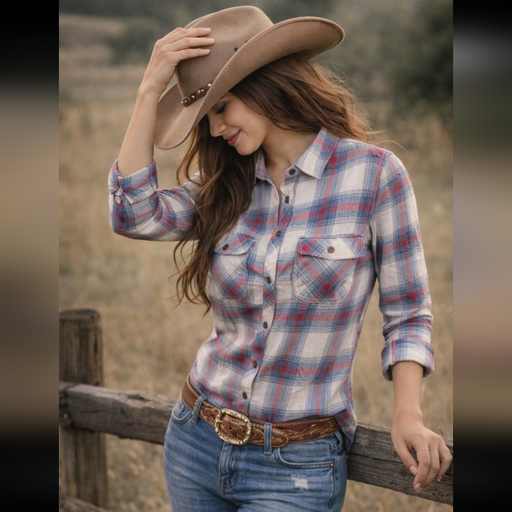 Wind River Women's Plaid Shirt Cotton Button-Up Long Sleeve Rodeo Boho Size L